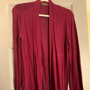 Burgundy cardigan with suede patch on sleeve